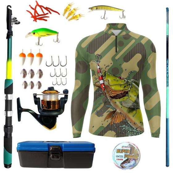 Imagem de Kit Camiseta De Pesca Mais Artigos Para Pescaria Vara Telescopica Isca Molinete Proteção UV50