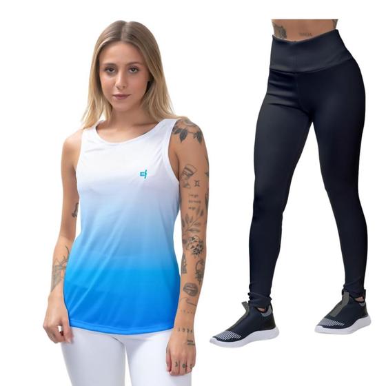 Imagem de Kit Camiseta Feminina Regata Calça Legging Cavada Blusa Caminhada Musculação Proteção UV50