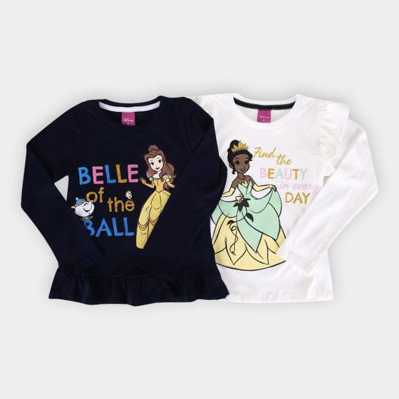 Imagem de Kit Camiseta Infantil Disney Princesas Bella e Tiana Menina - 2 Peças