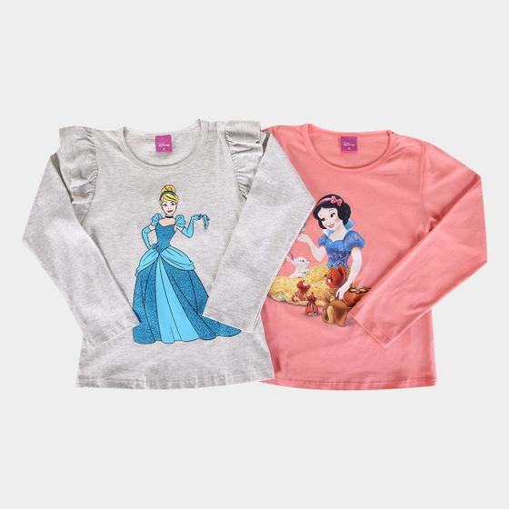 Imagem de Kit Camiseta Infantil Disney Princesas Cinderela e Branca de Neve Menina - 2 Peças