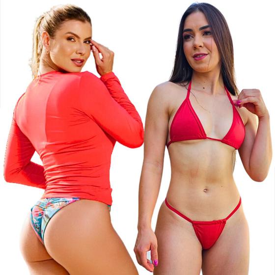 Imagem de Kit Camiseta Térmica Segunda Pele Feminina Biquini Fio Dental Cortininha Fiozinho Cavado Sensual Sem Bojo Modelo Alcinha Conjunto Moda Praia Blusa