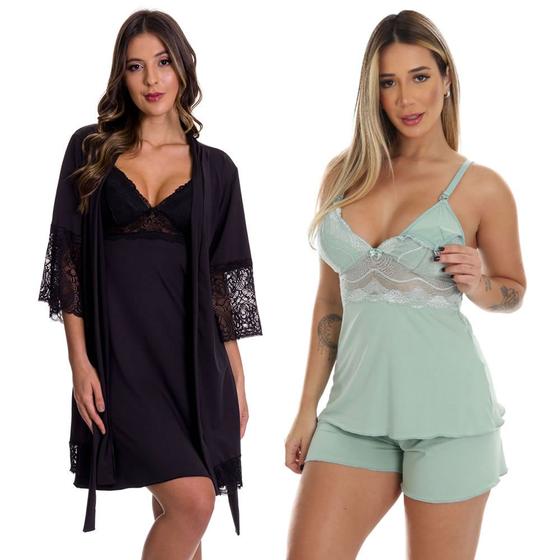 Imagem de KIT Camisola Amamentação com Robe Gestante + Baby Doll Amamentar Moda de Baixo - V205