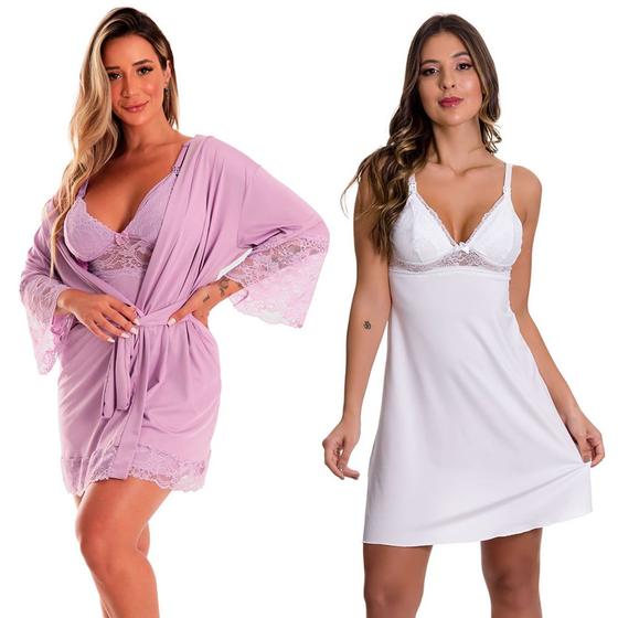 Imagem de Kit Camisola Amamentação com Robe Lavanda + Camisola Maternidade Pós Parto Moda de Baixo - V208