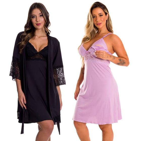 Imagem de KIT Camisola Amamentação com Robe Preto + Camisola Maternidade Estilo Sedutor - V209