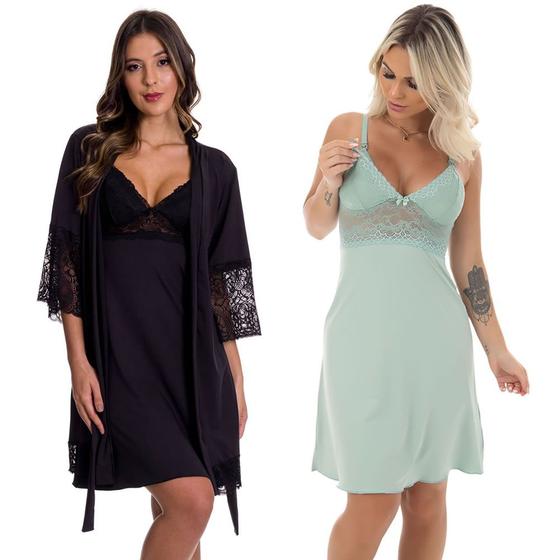 Imagem de KIT Camisola Amamentação com Robe Preto + Camisola Maternidade Estilo Sedutor - V209