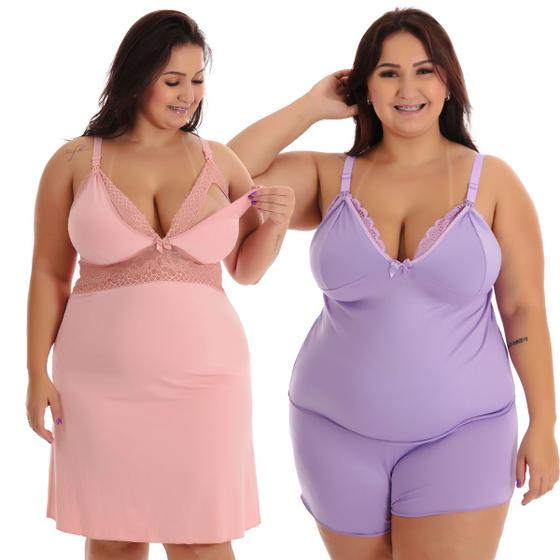 Imagem de Kit Camisola + Baby Doll Plus Size Amamentação Maternidade