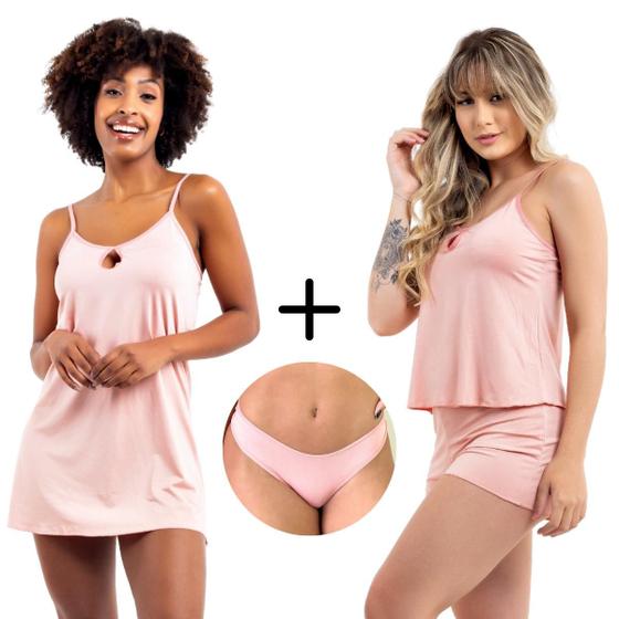 Imagem de Kit Camisola e Short Doll Sem Bojo Conforto + 2 Calcinhas