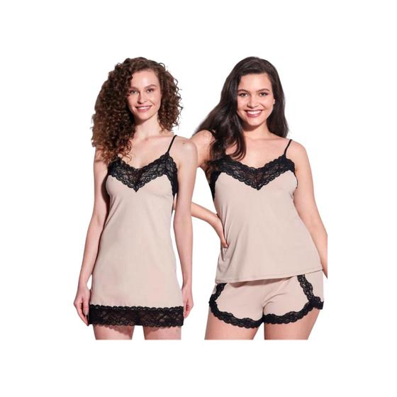 Imagem de Kit Camisola Em Renda e Microfibra Hope - L11550 + Pijama Short Doll Básico Renda Hope LCS550 Tamanho:GCor:NudeBLT