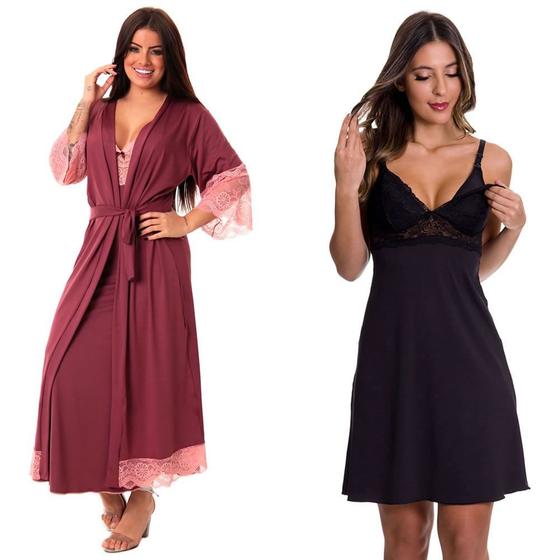 Imagem de KIT Camisola Gestante Longa com Robe + Camisola Amamentar Estilo Sedutor - V220