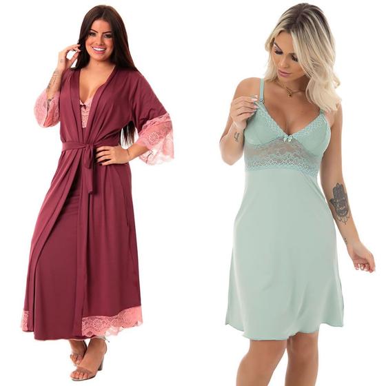 Imagem de KIT Camisola Gestante Longa com Robe + Camisola Amamentar Estilo Sedutor - V220