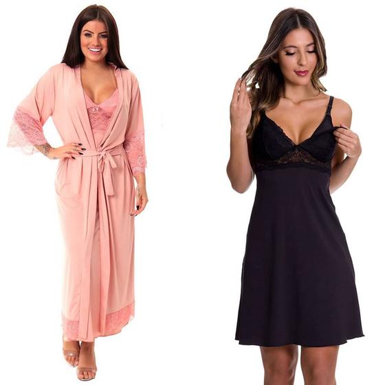 Imagem de KIT Camisola Gestante Longa com Robe + Camisola Pós Parto Estilo Sedutor - V218