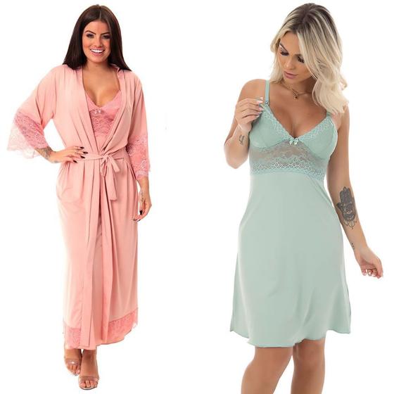 Imagem de KIT Camisola Gestante Longa com Robe + Camisola Pós Parto Estilo Sedutor - V218