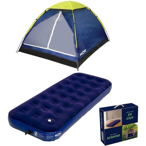 Imagem de Kit camping 01 barraca iglu 2 pessoas + colchão inflável solteiro com inflador mor