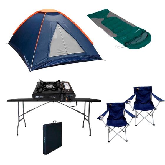 Imagem de Kit Camping Pesca Acampamento Saco de Dormir Barraca Mesa Dobrável 2 Cadeiras Fogareiro