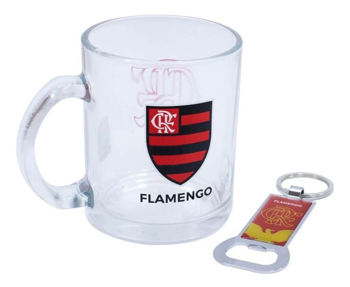 Imagem de Kit Caneca De Vidro Flamengo + Abridor De Garrafa 