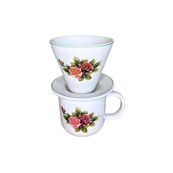 Imagem de Kit Caneca Decorada Porcelana 300ml + Coador De Porcelana Decorado