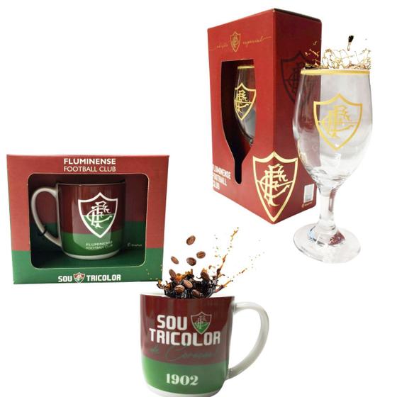 Imagem de Kit Caneca Porcelana Sou Tricolor 300ml Café + Taça 330ml Bebidas Série Ouro Especial Fluminense