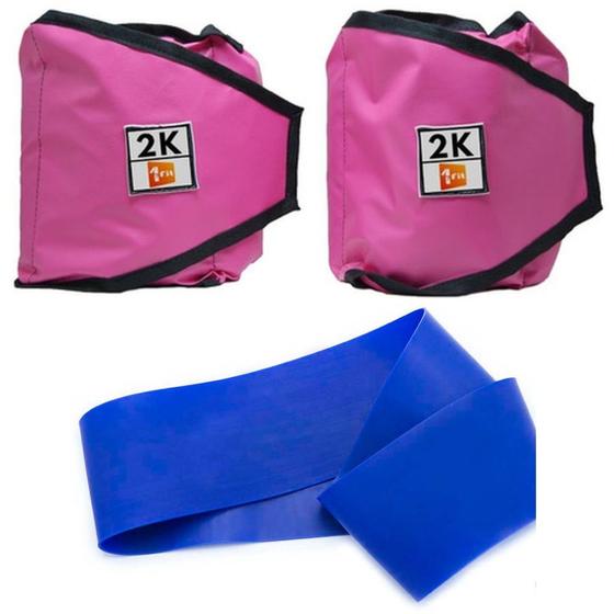 Imagem de Kit Caneleira/Tornozeleira Peso 2Kg Preto ou Rosa + Mini Band Nível Leve Azul 1 Fit