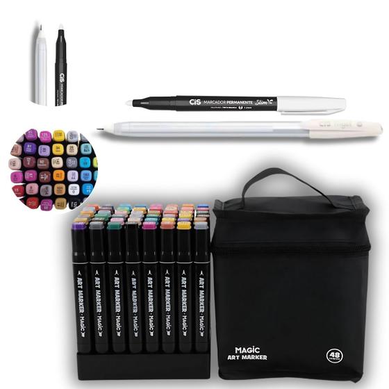 Kit caneta gel branca trigel+ 48 canetinha touch marcador artistico c ...