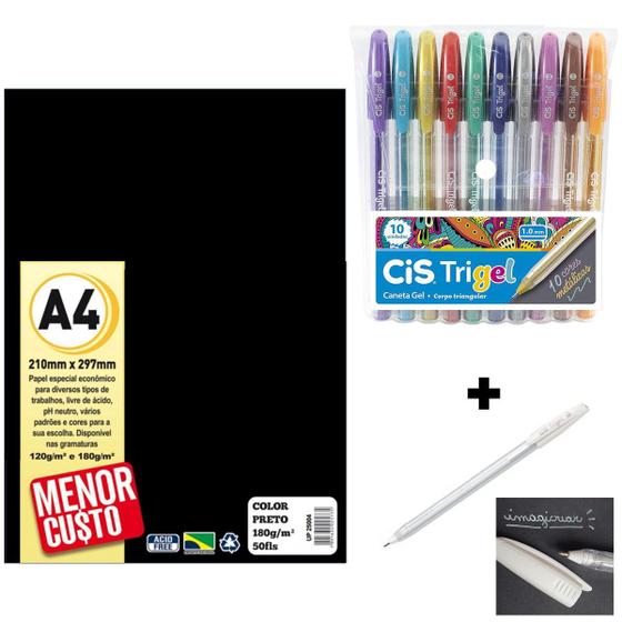 Imagem de Kit Caneta Gel Metálica 11 Cores Cis + Papel Preto Color 180g 50fls Artes Desenho Artesanato Criatividade Lettering