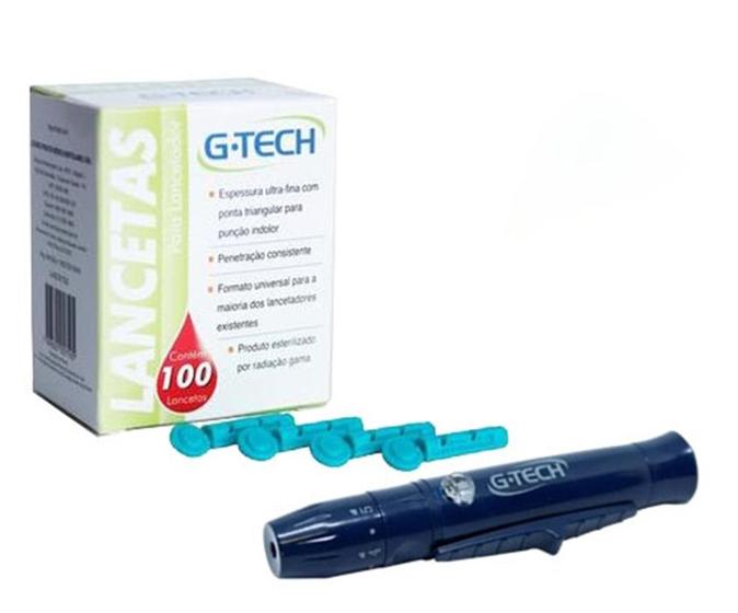 Imagem de Kit Caneta lancetadora curta Azul com 100 lancetas 28g Gtech