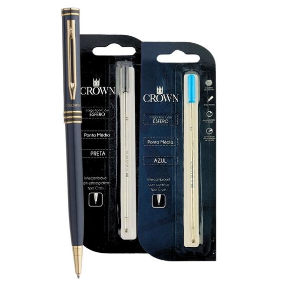 Imagem de Kit Caneta Luxo Crown Metal Veneto Esferográfica YW13904A - Cor Azul + 2 Cargas Extras Azul e Preta