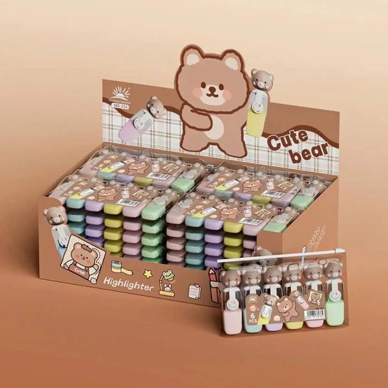 Imagem de Kit Caneta Marca Texto Decorado Ursinho Cute Bear Fofo Colorido Blister c/ 6 Cores  Papelaria Kwaii