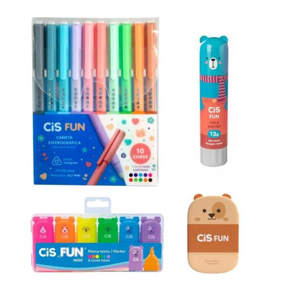 Imagem de Kit Caneta, Marca Texto Neon, Cola, Borracha - Cis Fun