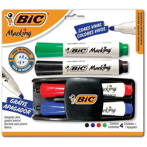 Kit Canetas Marcadores para Quadro Branco 4 Cores + Apagador BIC Uso em ...