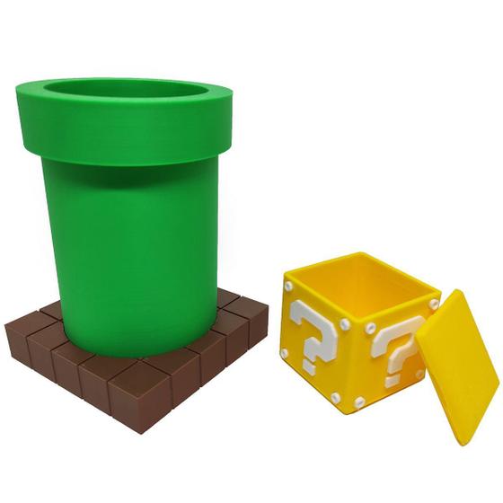 Imagem de Kit Cano E Cubo Porta Objetos Caneta 3D Mario Gamer Mesa