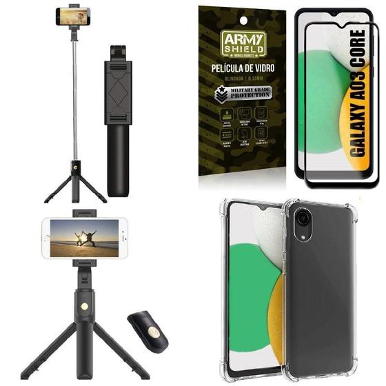 Imagem de Kit Capa A03 Core +Mini Tripé Selfie Bluetooth +Película 3D