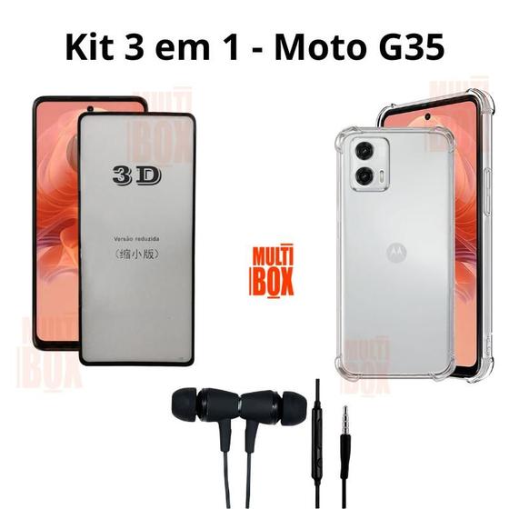 Imagem de Kit Capa Anti Choque Transparente + Película 3D de Vidro + Fone com Fio para Moto G35