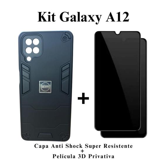 Imagem de Kit Capa Anti Impacto Armadura Resistente + Pelicula Privativa 3D para Samsung Galaxy A12 / M12 Cor Preto