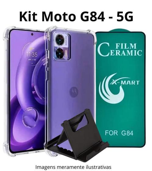 Imagem de Kit Capa Anti Impacto + Película 9D de Cerâmica  + Suporte de Mesa para Celular Moto G84