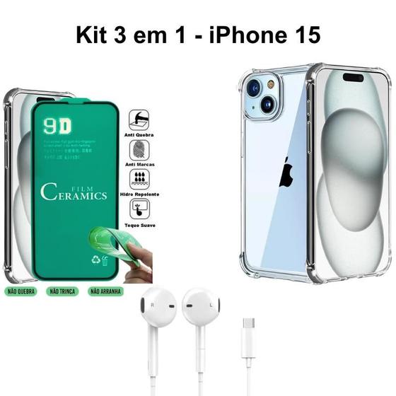 Imagem de Kit Capa Anti Impactos Transparente + Película de Cerâmica + Fone de Ouvido com Fio para Iphone 15