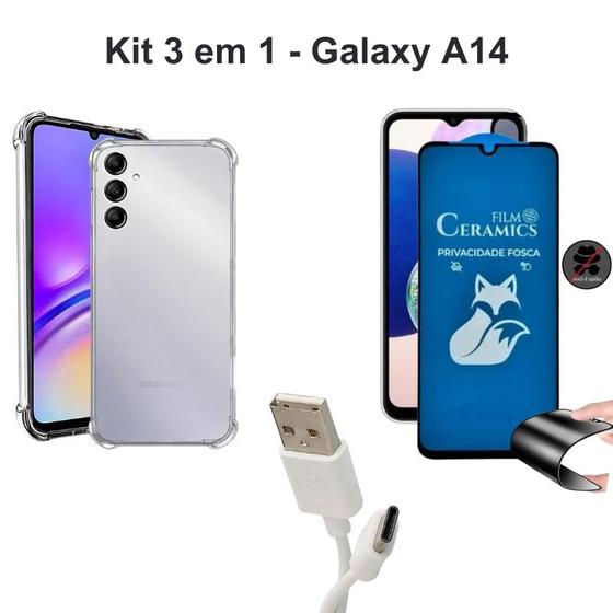 Imagem de Kit Capa Anti Shock Transparente + Película Fosca Privacidade + Cabo USB Tipo C para Samsung Galaxy A14