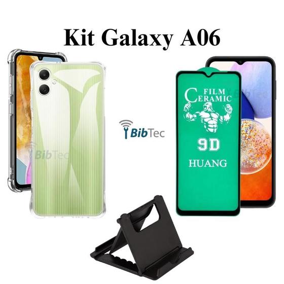 Imagem de Kit Capa Capinha Anti Impacto + Película de Cerâmica + Suporte de Mesa Para Samsung Galaxy A06