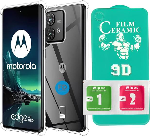 Imagem de Kit Capa Capinha Anti-Impacto Premium Transparente + Película de Cerâmica 9D para Motorola Moto Edge 40 Neo