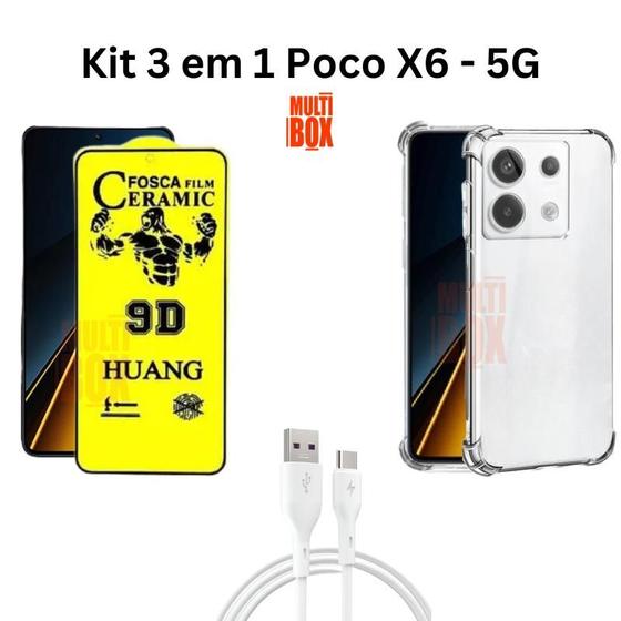 Imagem de Kit Capa Capinha Transparente Anti Impacto + Película de Cerâmica Fosca + Cabo USB Tipo C Para Poco X6 5G