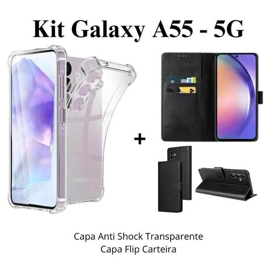 Imagem de Kit Capa Capinha Transparente + Capa Carteira Preta Para Samsung Galaxy A55