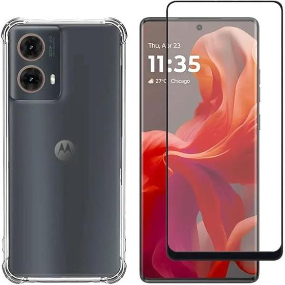 Imagem de Kit Capa Capinha Transparente + Película 3D Vidro Curvada Cola Tudo Para Motorola Moto G85