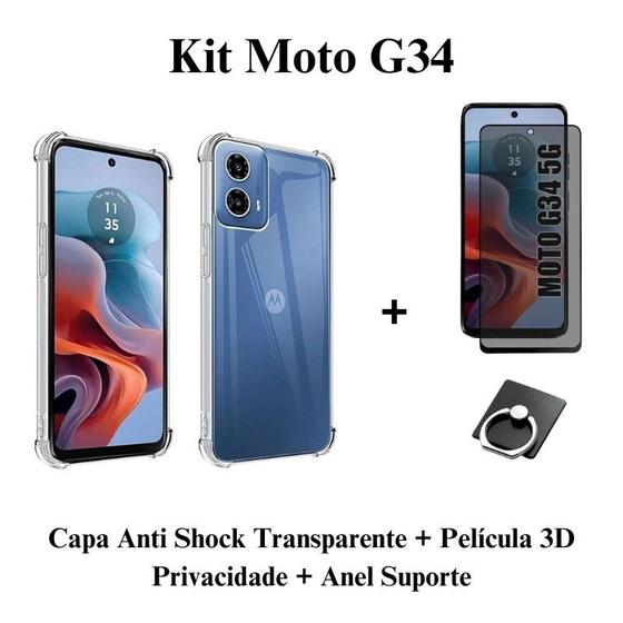 Imagem de Kit Capa Capinha Transparente + Película 3D Vidro Privacidade + Anel Suporte para Moto G34