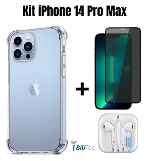 Imagem de Kit Capa Capinha Transparente + Película 3D Vidro Privacidade + Fone de Ouvido para Iphone 14 Pro Max