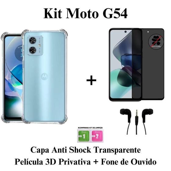 Imagem de Kit Capa Capinha Transparente + Película 3D Vidro Privacidade + Fone de Ouvido para Moto G54