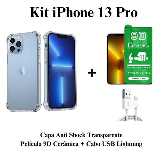 Imagem de Kit Capa Capinha Transparente + Película Cerâmica + Cabo IOS/USB para Iphone 13 Pro