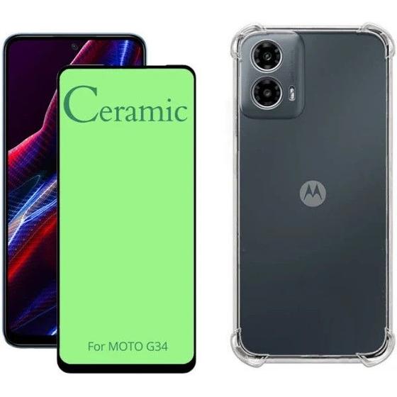 Imagem de Kit Capa Capinha Transparente + Película Cerâmica para Motorola Moto G34 5G