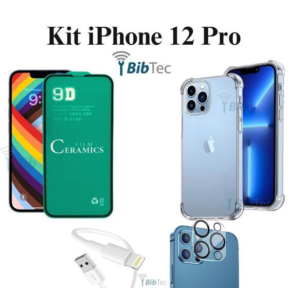 Imagem de Kit Capa Capinha Transparente + Película Cerâmica + Película Câmera + Cabo IOS/USB para Iphone 12 Pro