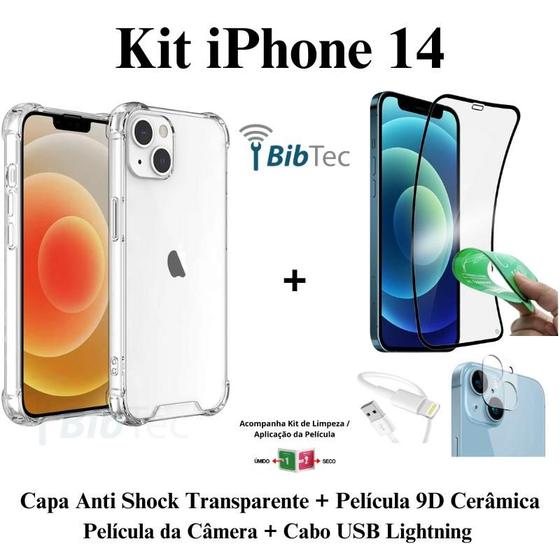 Imagem de Kit Capa Capinha Transparente + Película Cerâmica + Película Câmera Traseira + Cabo IOS/USB para Iphone 14