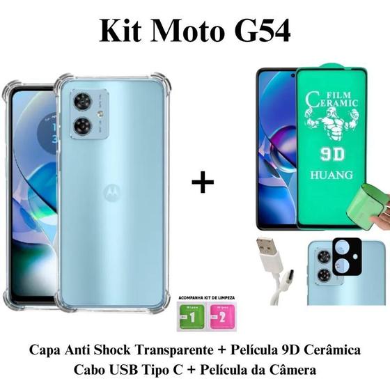 Imagem de Kit Capa Capinha Transparente + Película de Cerâmica + Película Câmera + Cabo USB Tipo C para Moto G54