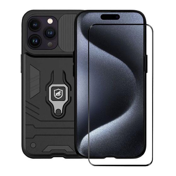 Imagem de Kit Capa case capinha Defender e Pelicula Coverage 5D Pro Preta para iPhone 15 Pro - Gshield